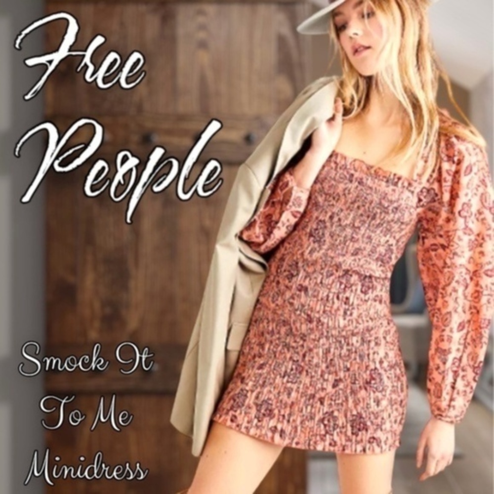 FREE PEOPLE Smock it to Me Puff-Sleeve On/Off Shoulder Smocked MiniDress/Lg NWT
